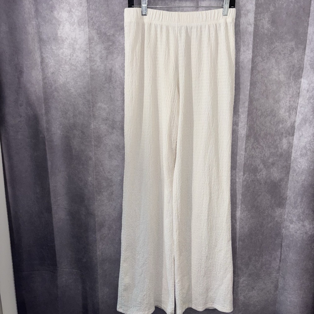 Miou Muse NEW Size Large Crinkle Cream Waist Stretch Crop Wide Leg Chic‎ Coastal